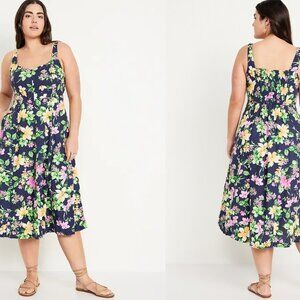 NWT OLD NAVY fit & flare linen-blend midi dress in navy floral (MP)